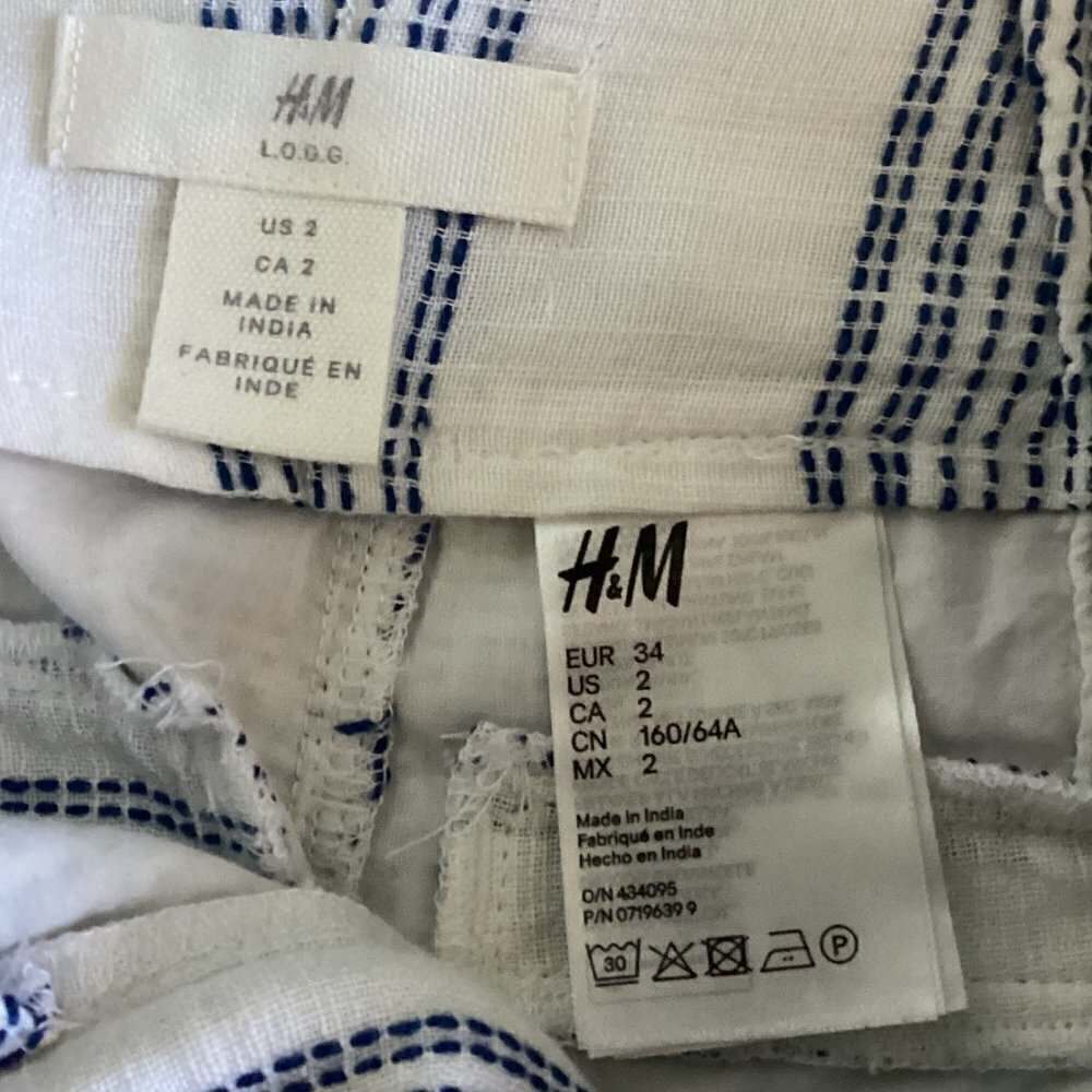 H&M L.O.G.G. Cotton High Tie Waist Shorts Sz 2 Blue & White Striped #146K - Picture 5 of 7